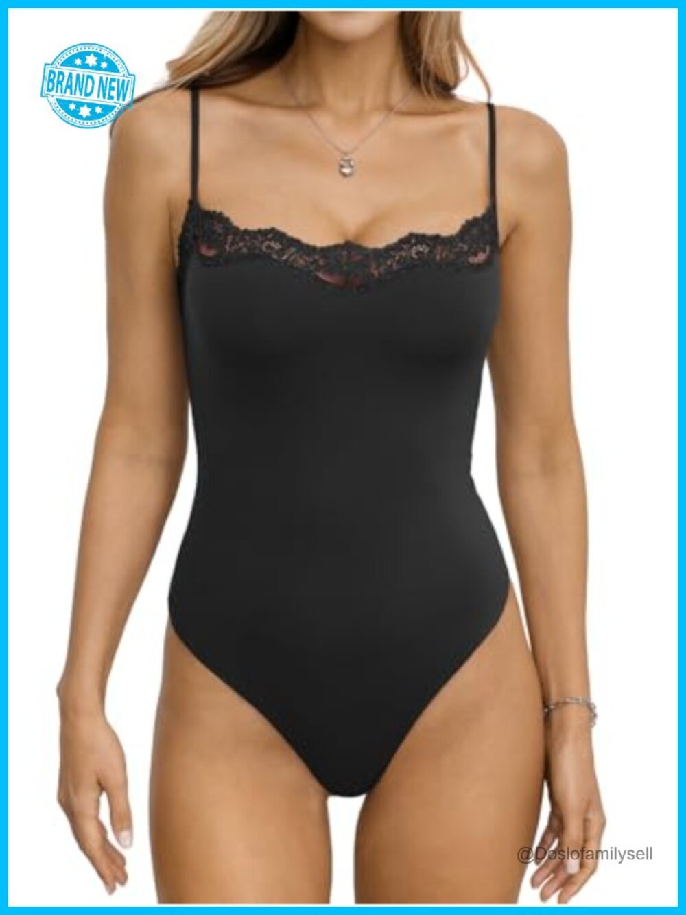 Lace Bodysuit Thong Square Neck Spaghetti Straps Double Lined